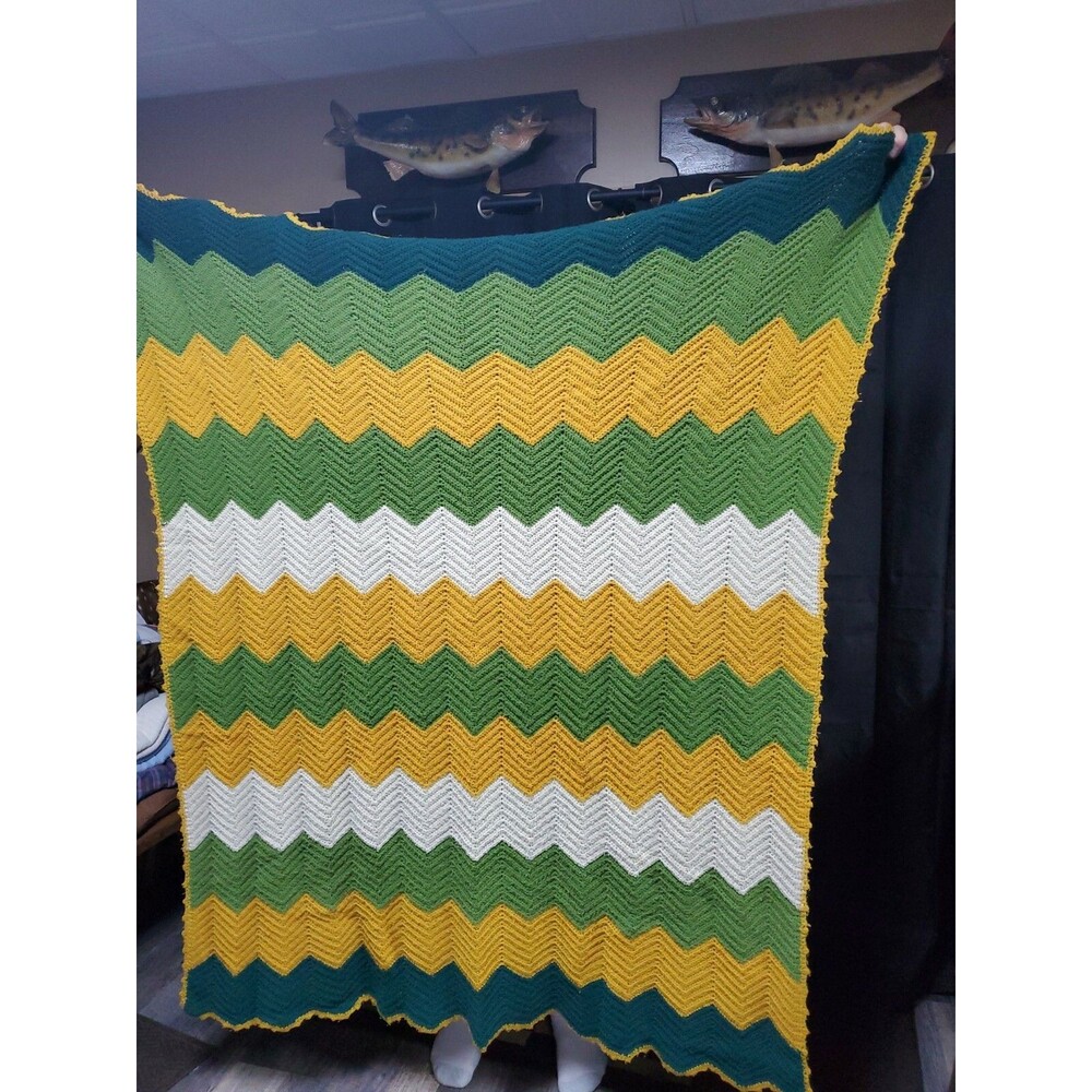 VTG Handmade Zig Zag Chevron Crochet Afghan Blanket Green Yellow Cream 54” X 70”